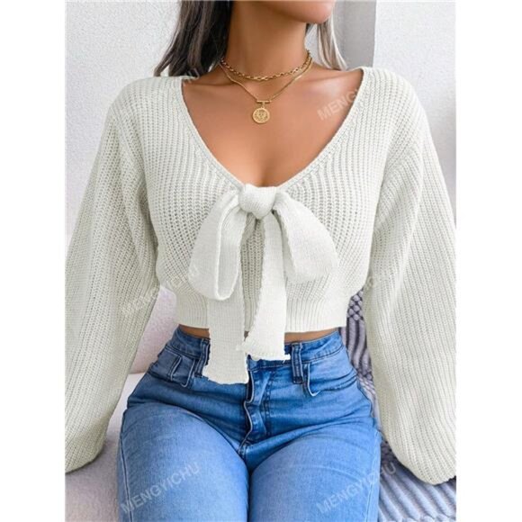 Variété Boutique Sweaters - V-Neck Bowknot Decor Lantern Sleeve Crop Sweater